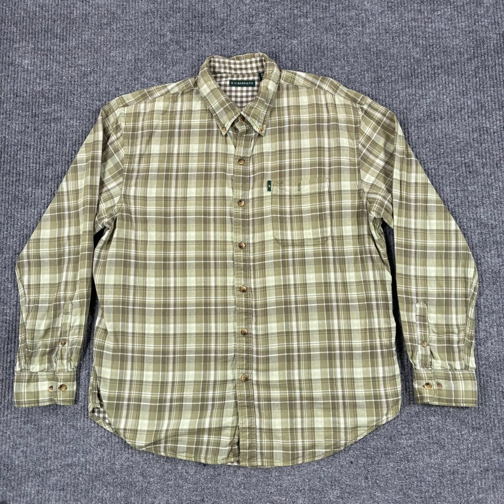 G.H. Bass & Co Mens XL Plaid Button Down Long Sleeve Shirt Tan Brown Cotton
